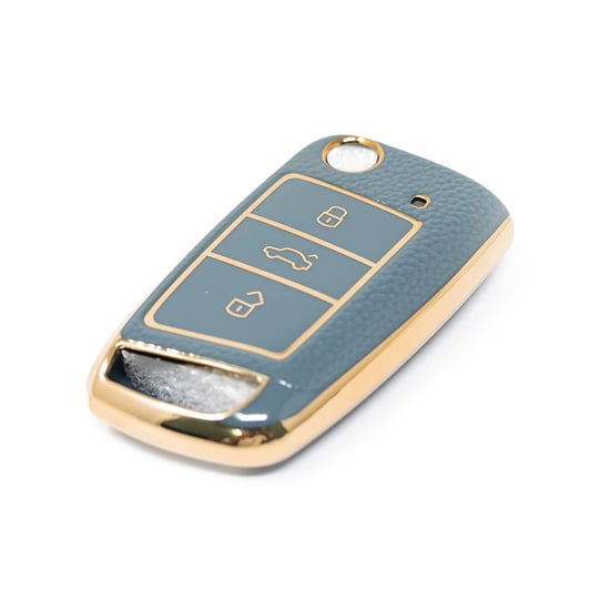 New-Aftermarket-Nano-High-Quality-Gold-Leather-Cover-For-Volkswagen-Flip-Remote-Key-3-Buttons-Gray-Color-VW-E13J---Emirates-Keys