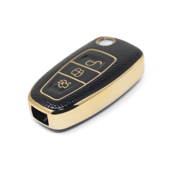 New-Aftermarket-Nano-High-Quality-Gold-Leather-Cover-For-Ford-Flip-Remote-Key-3-Buttons-Black-Color-Ford-E13J---Emirates-Keys