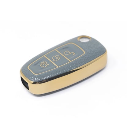 New-Aftermarket-Nano-High-Quality-Gold-Leather-Cover-For-Ford-Flip-Remote-Key-3-Buttons-Gray-Color-Ford-E13J---Emirates-Keys