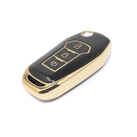New-Aftermarket-Nano-High-Quality-Gold-Leather-Cover-For-Ford-Flip-Remote-Key-3-Buttons-Black-Color-Ford-F13J---Emirates-Keys
