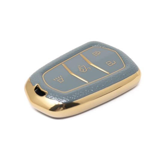 New-Aftermarket-Nano-High-Quality-Gold-Leather-Cover-For-Cadillac-Remote-Key-4-Buttons-Gray-Color-CDLC-A13J4---Emirates-Keys