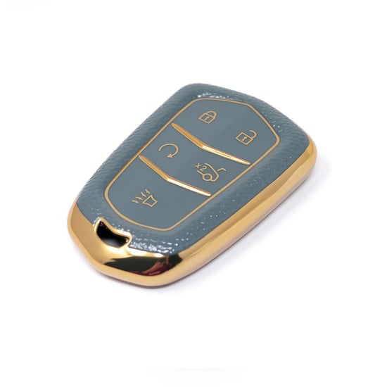 New-Aftermarket-Nano-High-Quality-Gold-Leather-Cover-For-Cadillac-Remote-Key-5-Buttons-Gray-Color-CDLC-A13J5---Emirates-Keys