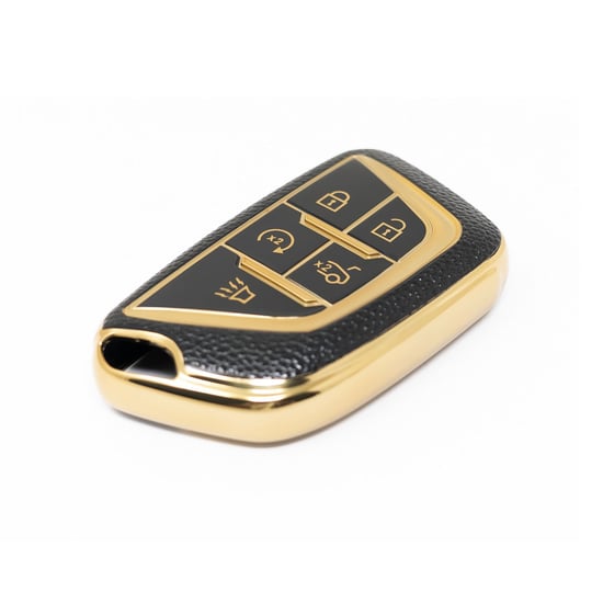 New-Aftermarket-Nano-High-Quality-Gold-Leather-Cover-For-Cadillac-Remote-Key-5-Buttons-Black-Color-CDLC-B13J---Emirates-Keys