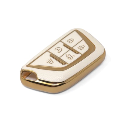 New-Aftermarket-Nano-High-Quality-Gold-Leather-Cover-For-Cadillac-Remote-Key-5-Buttons-White-Color-CDLC-B13J---Emirates-Keys
