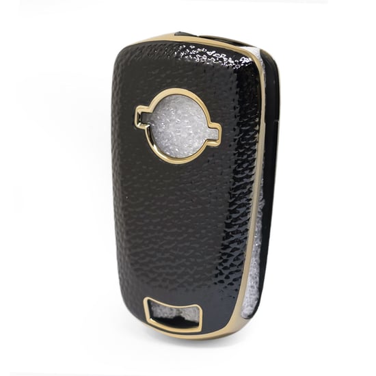New-Aftermarket-Nano-High-Quality-Gold-Leather-Cover-For-Opel-Flip-Remote-Key-2-Buttons-Black-Color-OPEL-A13J---Emirates-Keys