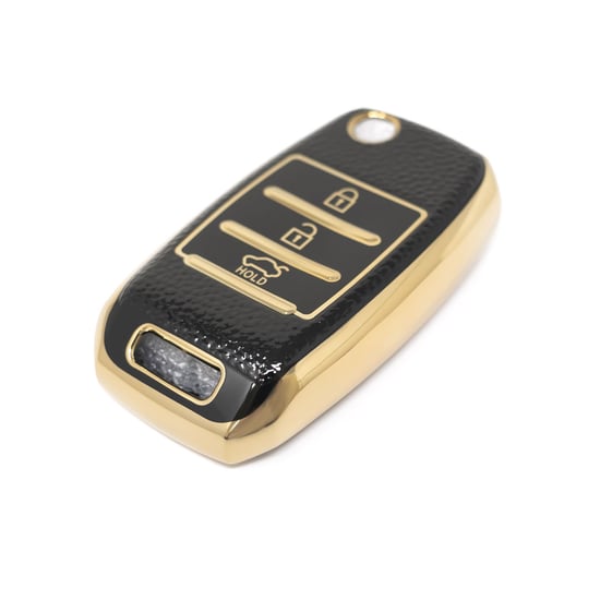 New-Aftermarket-Nano-High-Quality-Gold-Leather-Cover-For-KIA-Flip-Remote-Key-3-Buttons-Black-Color-KIA-B13J---Emirates-Keys