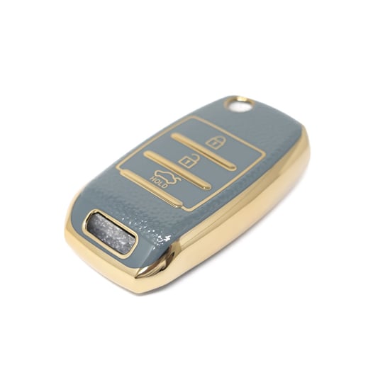 New-Aftermarket-Nano-High-Quality-Gold-Leather-Cover-For-KIA-Flip-Remote-Key-3-Buttons-Gray-Color-KIA-B13J---Emirates-Keys