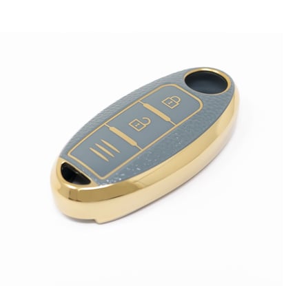 New-Aftermarket-Nano-High-Quality-Gold-Leather-Cover-For-Nissan-Remote-Key-2-Buttons-Gray-Color-NS-A13J3C---Emirates-Keys