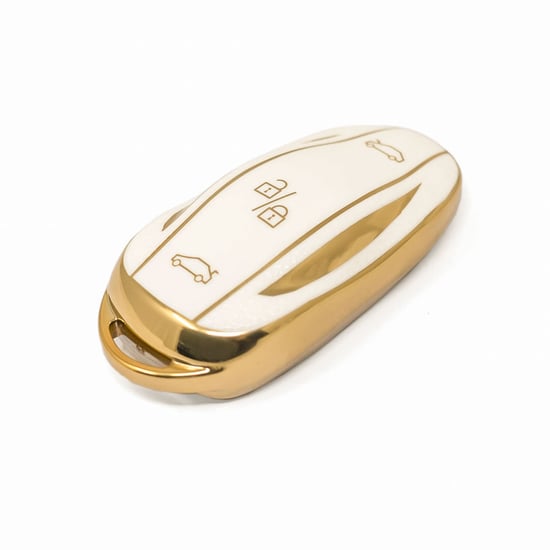 New-Aftermarket-Nano-High-Quality-Gold-Leather-Cover-For-Tesla-Remote-Key-3-Buttons-White-Color-TSL-B13J---Emirates-Keys