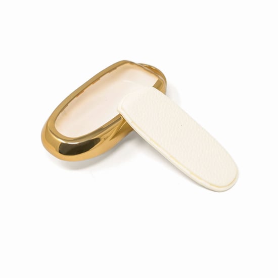 New-Aftermarket-Nano-High-Quality-Gold-Leather-Cover-For-Tesla-Remote-Key-3-Buttons-White-Color-TSL-B13J---Emirates-Keys