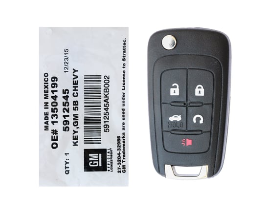 NEW-Chevrolet-Camaro-Cruze-Impala-Equinox-Malibu-Sonic-2010-2019-STARTTEC-Genuine-OEM-Flip-Remote-key-5-Buttons-315MHz-5912545-(-OEM-)-Part-#13504199---FCCID:-OHT01060512,-V2T01060512,-V2T01060514,-AVL-B01T1AC,-AVL-B01T2AC---Philips-ID-46-GM-EXT-chip