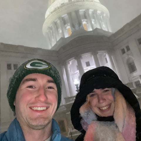 Snowy night in Madison waiting to eat some cheese curds at Tipsy C