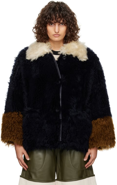 Navy Contrast Trim Shearling Jacket