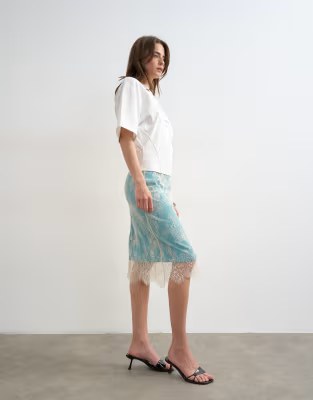Lace Midi Skirt With Blue Insert In Ecru