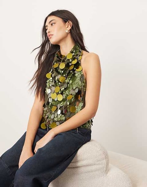 ARRANGE embellished sequin and fringe halter cowl neck top in dark khaki