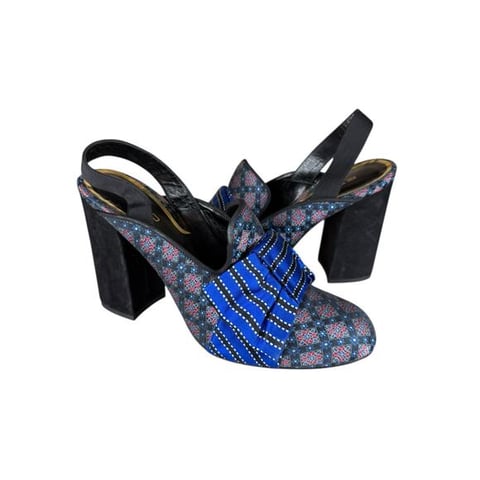 Blue Bow Slingback Heels Brocade Suede Block Heels Made in Italy