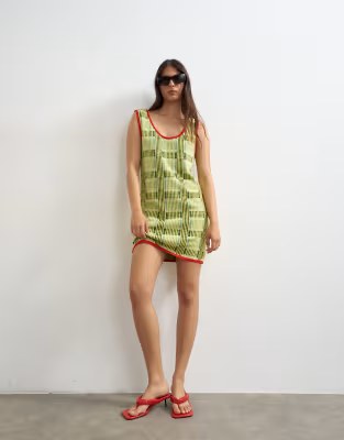 Knit sleeveless plaid mini dress