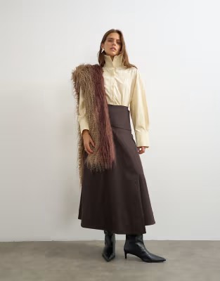 Topshop wrap waistband detail trench skirt in chocolate