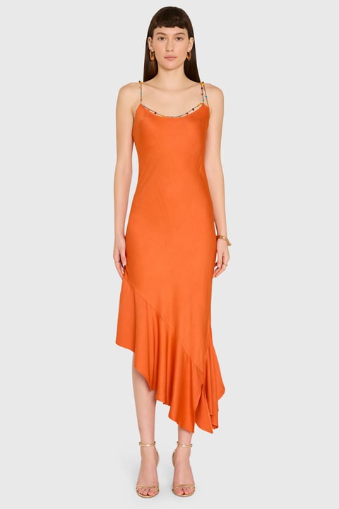 Eros Midi Dress in Pomelo Orange | Women's Satin Midi Dress - Amanda Uprichard
