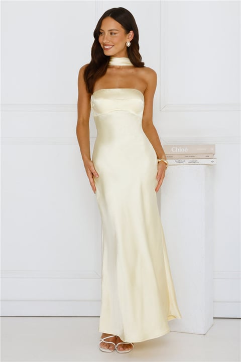 Precious Pearl Satin Maxi Dress Yellow | Hello Molly US
