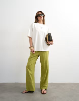 Linen Blend Straight Leg Pants With Deep Cuffs