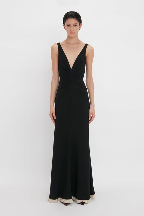 V-Neck Gathered Waist Floor-Length Gown In Black – Victoria Beckham US