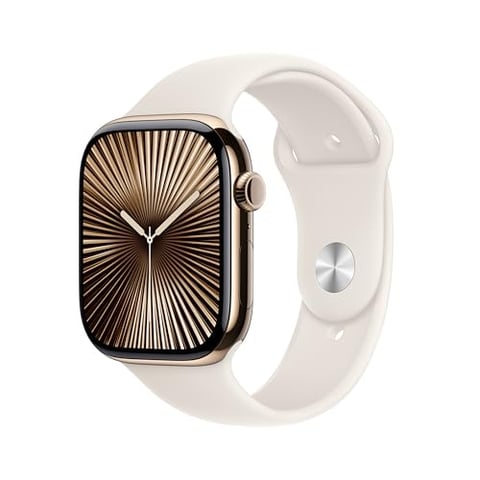 Apple Watch Series 10 [GPS + Cellular 46mm case] Smartwatch with Gold Titanium Case with Starlight Sport Band - M/L. Fitness Tracker, ECG App, Always-On Retina Display, Water Resistant