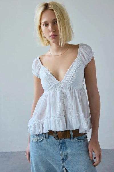 Izzy Lace Trim Button-Front Babydoll Blouse