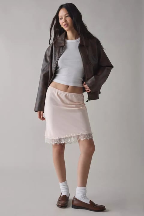 Addy Lace Trim Satin Slip Midi Skirt
