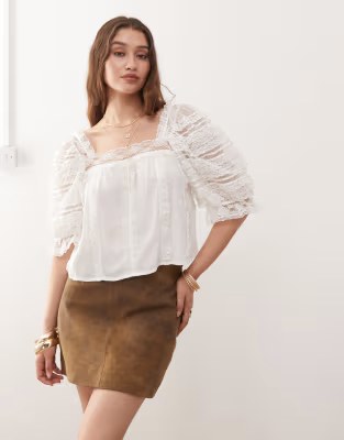 Lace Crochet Mix Blouse In Cream