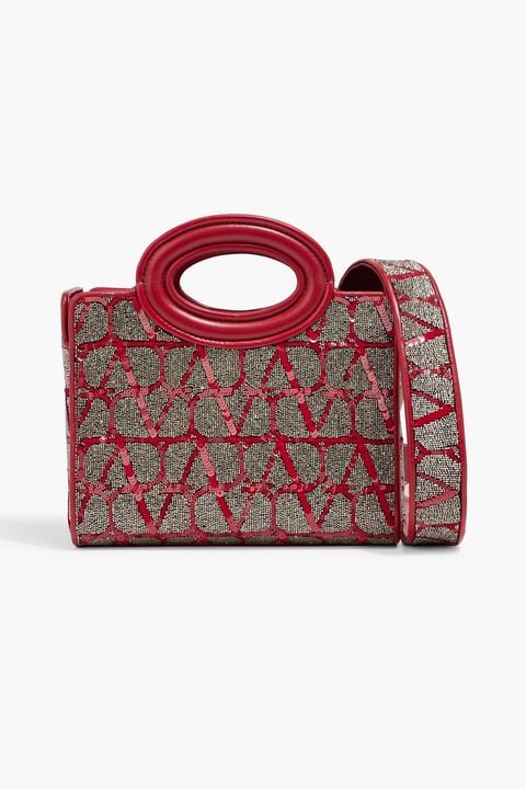 Embellished leather and silk-chiffon tote - red - One Size
