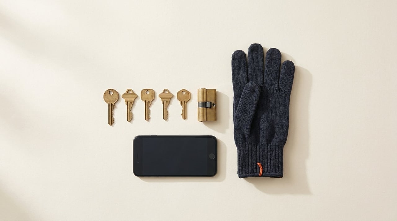 Brass keys and lock hardware laid out on a workbench