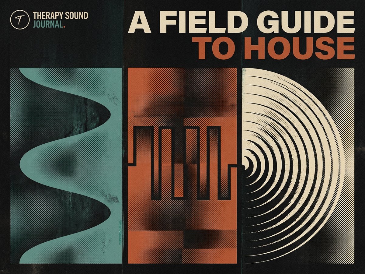 Field guide to house music — a layered house-music poster collage for deep, tech and melodic house.