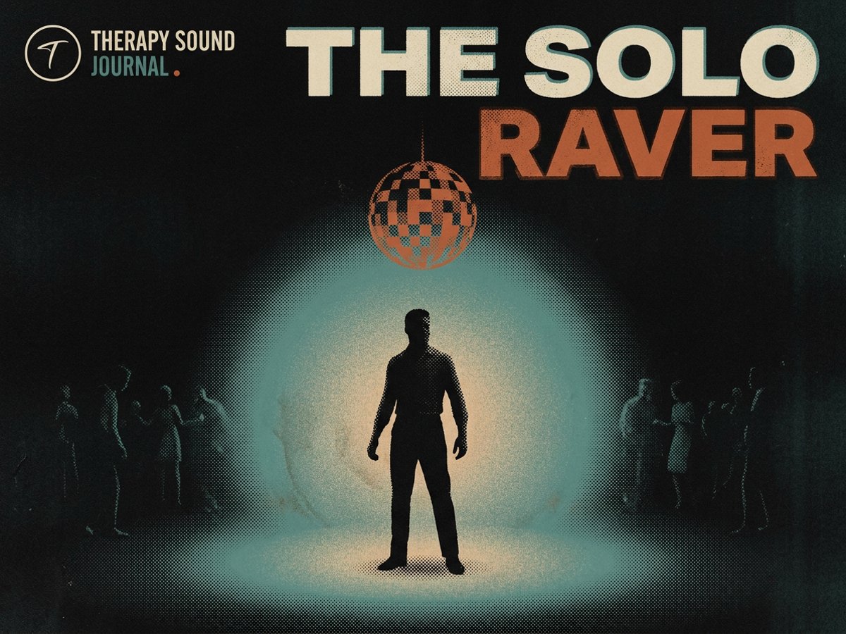 A solo raver on a dark dance floor, lost in the music under stage light.