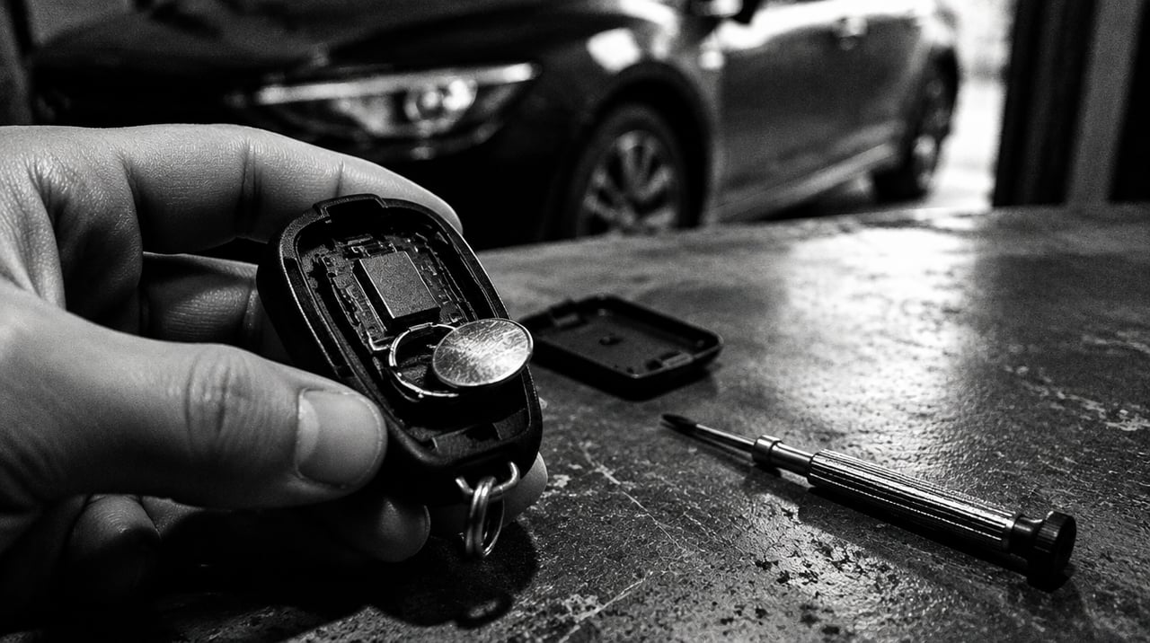 Car key fob battery replacement showing coin cell battery and key fob case open
