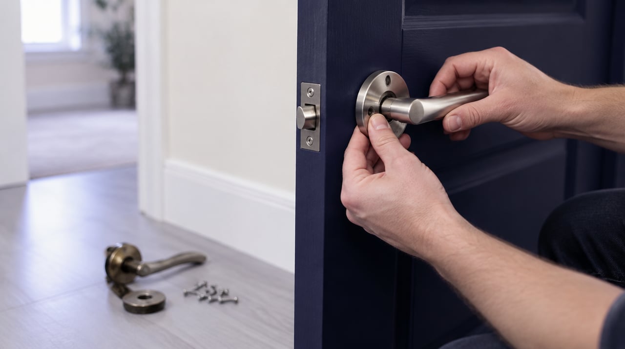 Lever door handle and deadbolt on a wooden exterior door