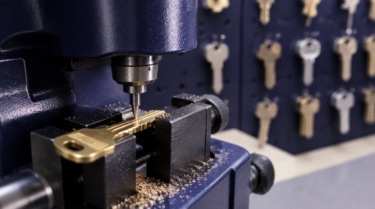 House key being cut on a key duplicating machine
