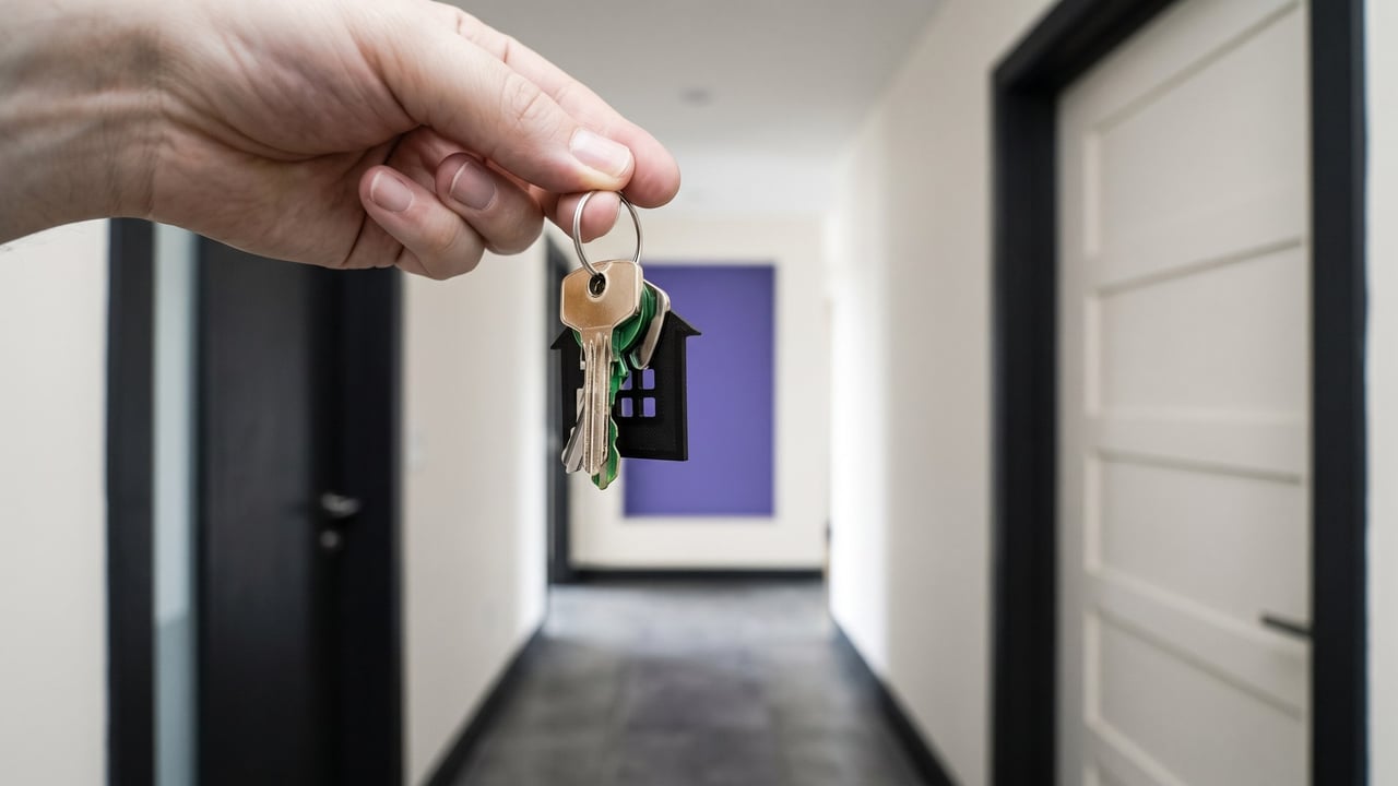 New keys held up in a condo hallway after a rekey