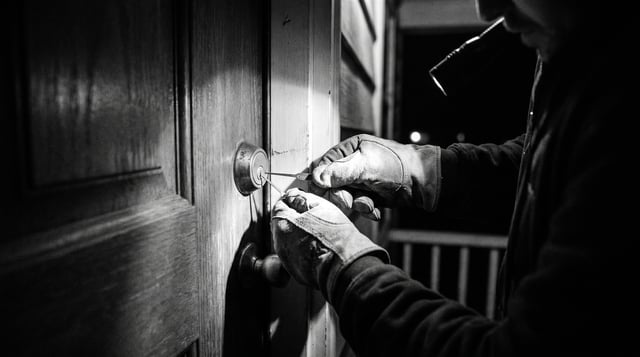 Locksmith opening a front door deadbolt at night