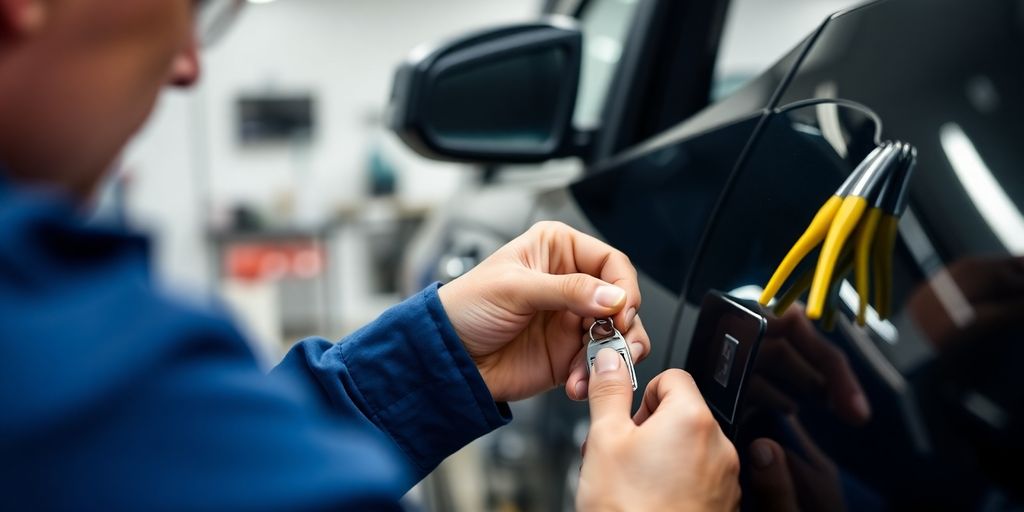 Locksmith replacing a car key in a modern workshop.