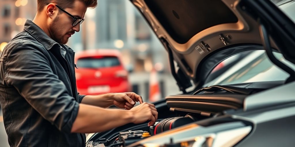 Locksmith servicing a car battery in an urban environment.
