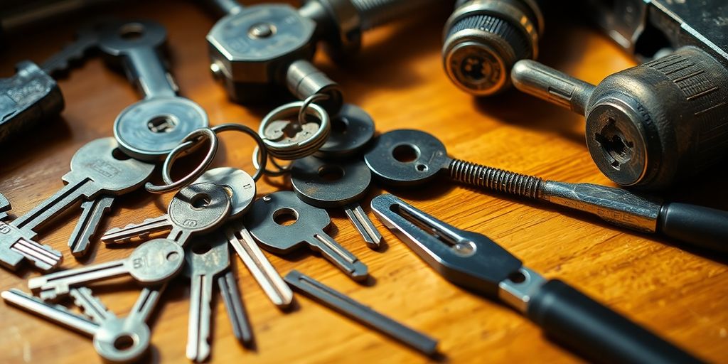 Locksmith tools on a wooden workbench with warm lighting.