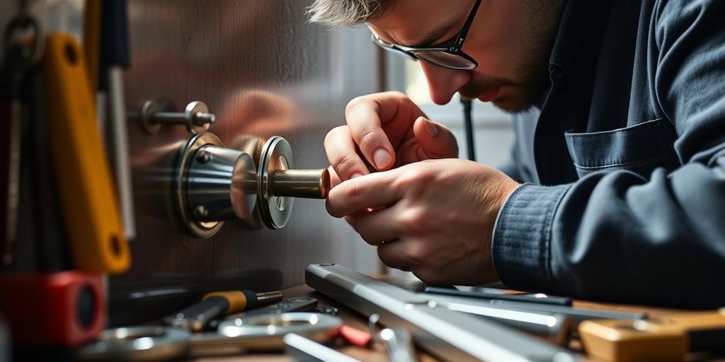Locksmith repairing a door lock with tools.
