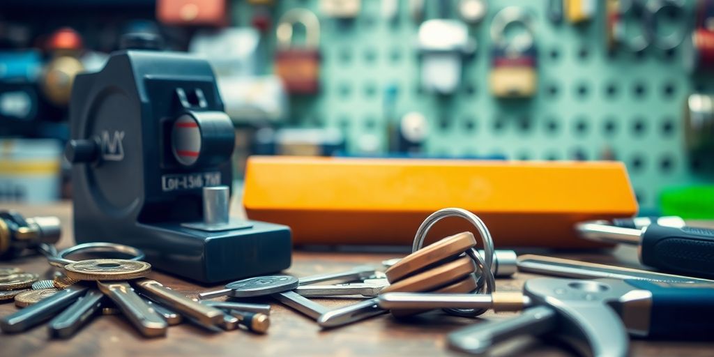 Photograph of locksmith tools and equipment in a shop.