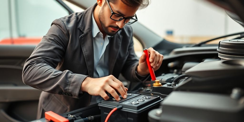 Locksmith jump-starting a vehicle's battery.