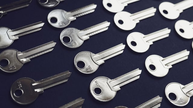 Rows of uncut house key blanks on a dark surface