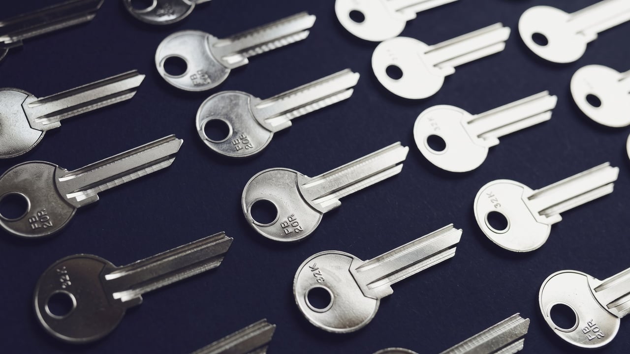 Rows of uncut house key blanks on a dark surface
