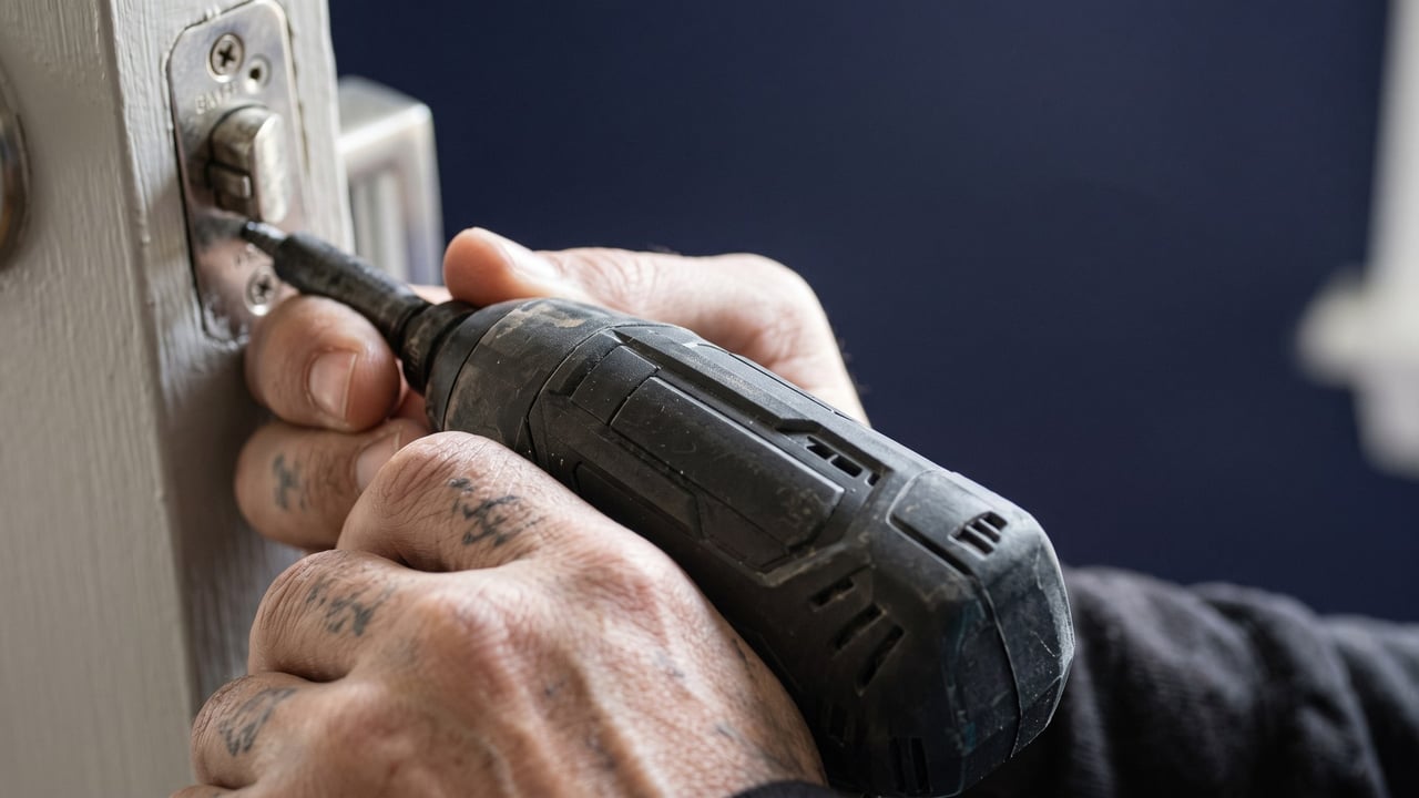 Locksmith fastening a door lock with a cordless drill