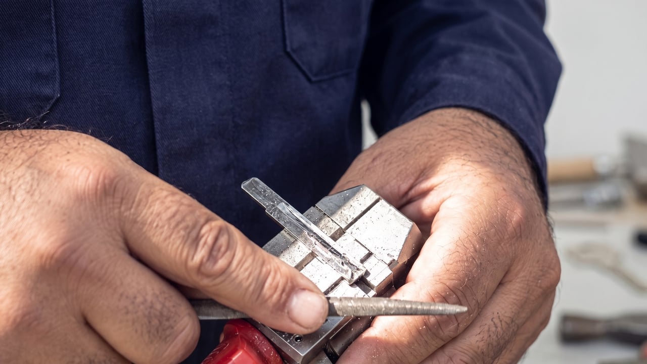 Locksmith filing the blade of a newly cut car key