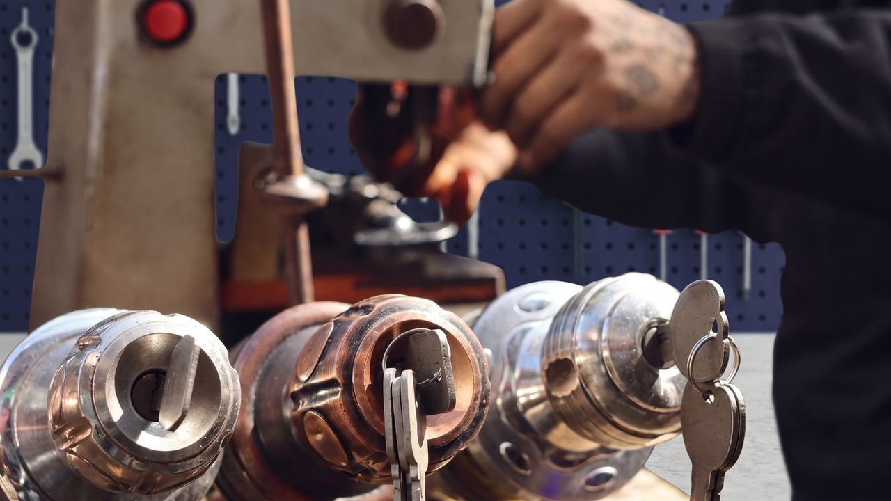 Locksmith rekeying house lock cylinders at a workbench, with keys in the plugs